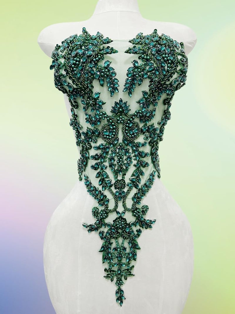 ArtistryXB Handmade Rhinestones Lace Bodice Applique Sew on Beads Sequins Trimming Patches for Dress Clothing Accessories 1Pcs/Bag (Deepgreen) - Image 2
